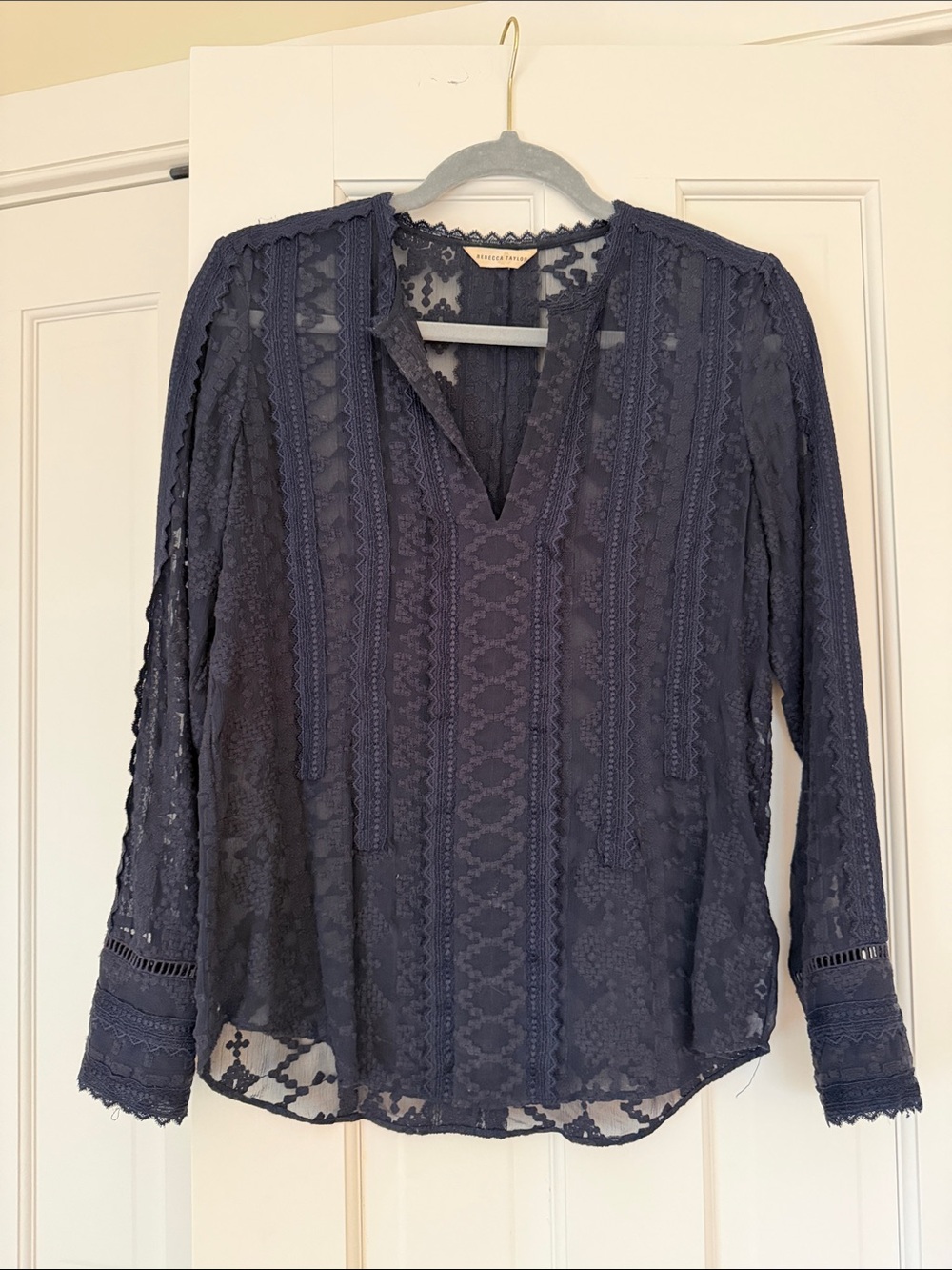 Rebecca Taylor Navy Sheer Lace V‑Neck Long‑Sleeve Blouse